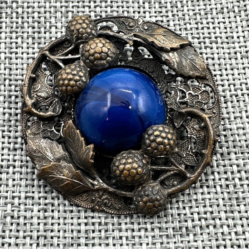 Antique‎ Art Nouveau acorn with blue lucite brooch #235.